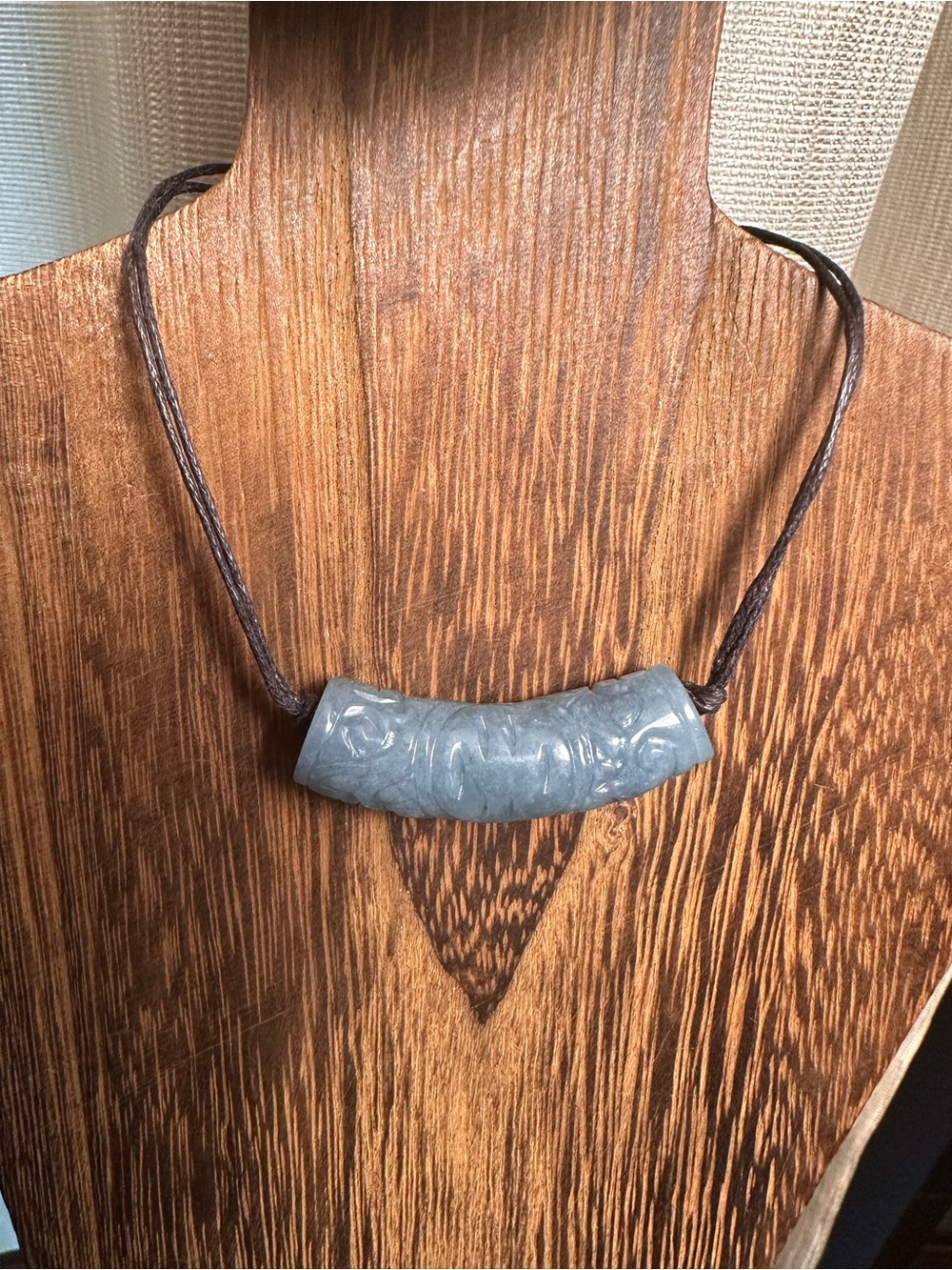 Green Jade Barrel Necklace on Brown Rope - Picture 13 of 16